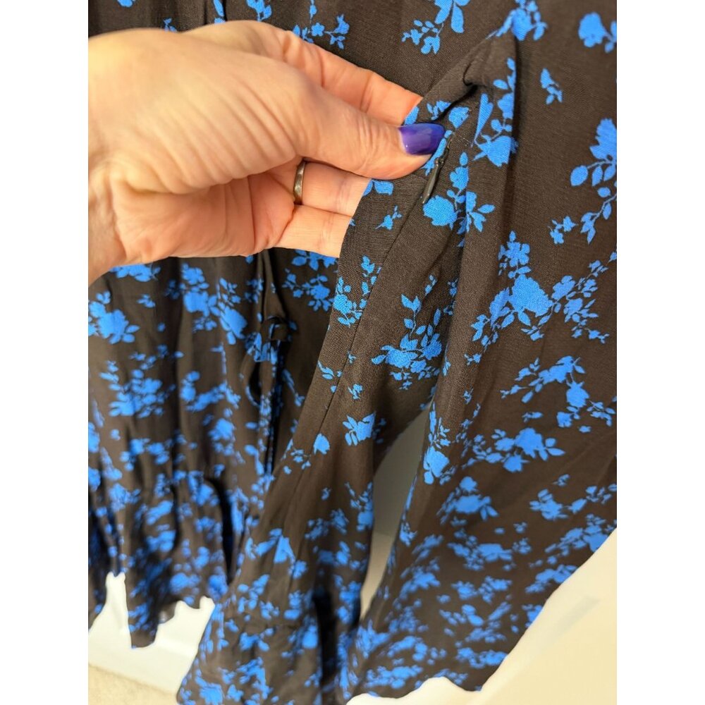 ZARA BLUE DARK BROWN FLORAL PRINT V-NECK MINI RUFFLED HEM DRESS SZ L NWT - Picture 11 of 13
